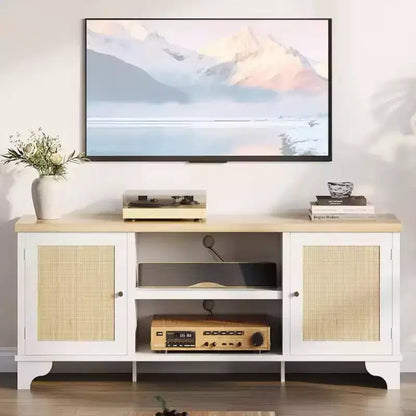 Meuble TV en rotin GustoWave pour téléviseurs jusqu'à 70 pouces, meuble de divertissement bohème avec rangement, table console multimédia en bois pour salon