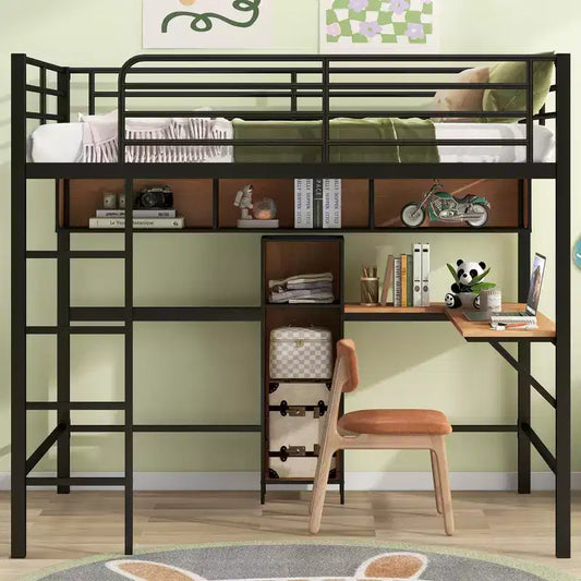 Bellemave Full Size Metal & Wood Loft Bed with L -shaped desk and shelves, Black and Brown