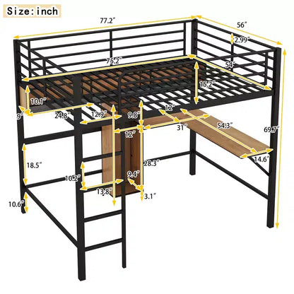 Lit mezzanine en métal et bois pleine grandeur Bellemave avec bureau en L et étagères, noir et marron