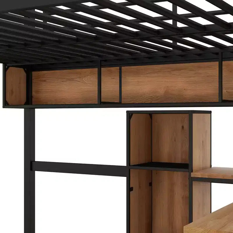 Lit mezzanine en métal et bois pleine grandeur Bellemave avec bureau en L et étagères, noir et marron