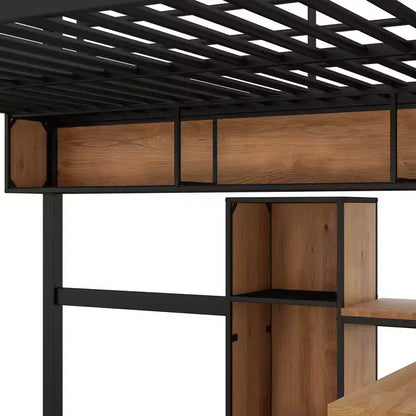 Lit mezzanine en métal et bois pleine grandeur Bellemave avec bureau en L et étagères, noir et marron