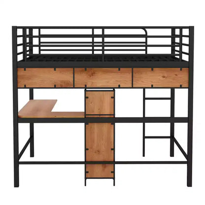Lit mezzanine en métal et bois pleine grandeur Bellemave avec bureau en L et étagères, noir et marron
