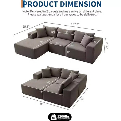 Canapé modulable en forme de L COZONY, canapé en velours côtelé moelleux avec méridienne, assise profonde, sans assemblage pour salon/chambre à coucher
