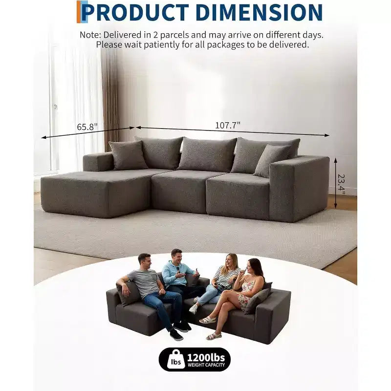 Canapé modulable en forme de L COZONY, canapé en velours côtelé moelleux avec méridienne, assise profonde, sans assemblage pour salon/chambre à coucher