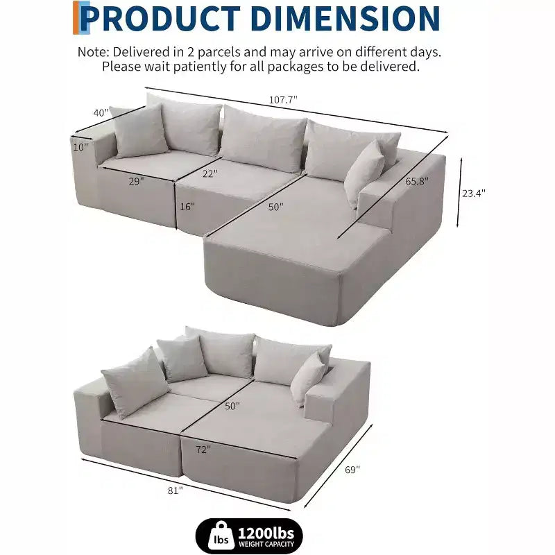 Canapé modulable en forme de L COZONY, canapé en velours côtelé moelleux avec méridienne, assise profonde, sans assemblage pour salon/chambre à coucher