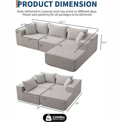 Canapé modulable en forme de L COZONY, canapé en velours côtelé moelleux avec méridienne, assise profonde, sans assemblage pour salon/chambre à coucher