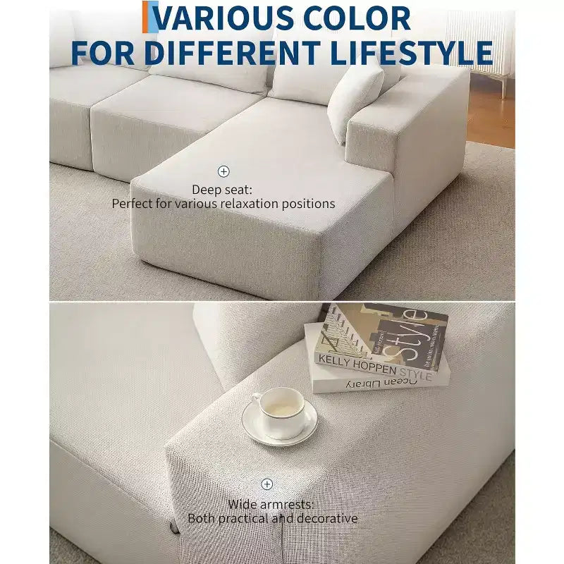 Canapé modulable en forme de L COZONY, canapé en velours côtelé moelleux avec méridienne, assise profonde, sans assemblage pour salon/chambre à coucher