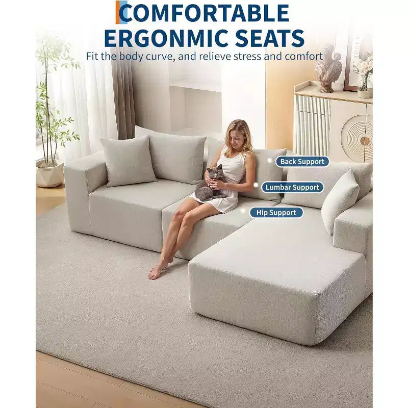 Canapé modulable en forme de L COZONY, canapé en velours côtelé moelleux avec méridienne, assise profonde, sans assemblage pour salon/chambre à coucher