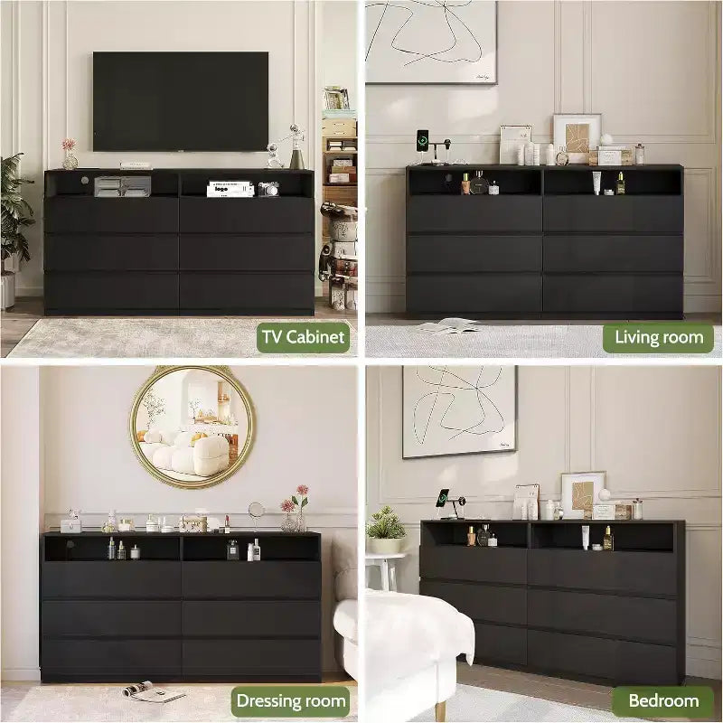 Coiffeuse moderne Dyonery à 6 tiroirs avec prises électriques et lumières LED, meuble de rangement large avec étagères ouvertes, chambre, salon