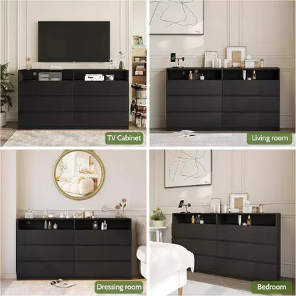 Coiffeuse moderne Dyonery à 6 tiroirs avec prises électriques et lumières LED, meuble de rangement large avec étagères ouvertes, chambre, salon