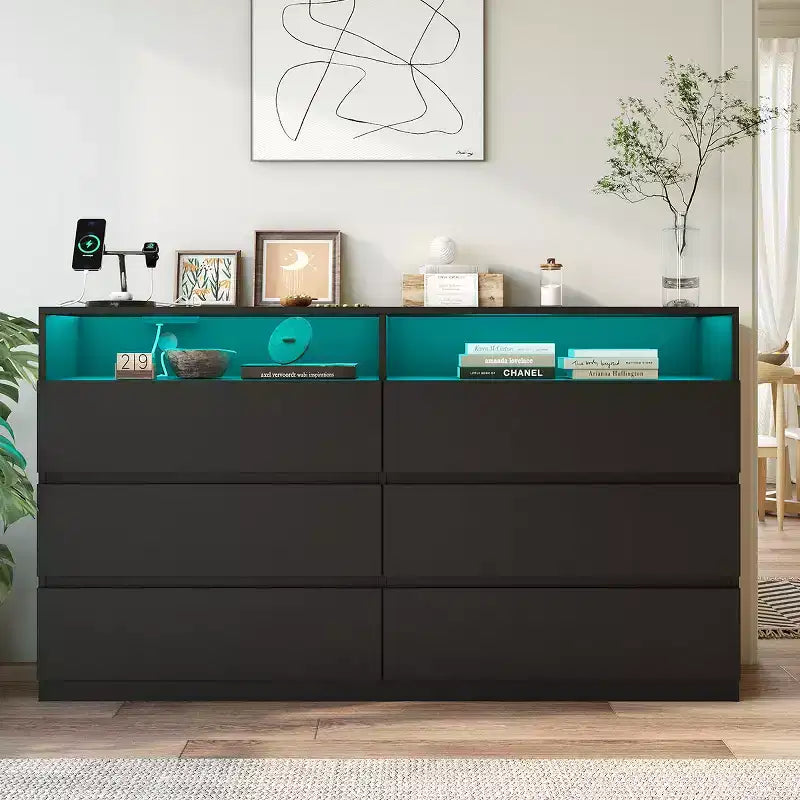 Coiffeuse moderne Dyonery à 6 tiroirs avec prises électriques et lumières LED, meuble de rangement large avec étagères ouvertes, chambre, salon