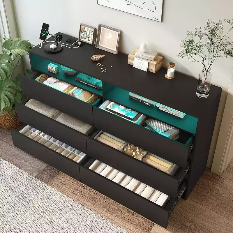 Coiffeuse moderne Dyonery à 6 tiroirs avec prises électriques et lumières LED, meuble de rangement large avec étagères ouvertes, chambre, salon