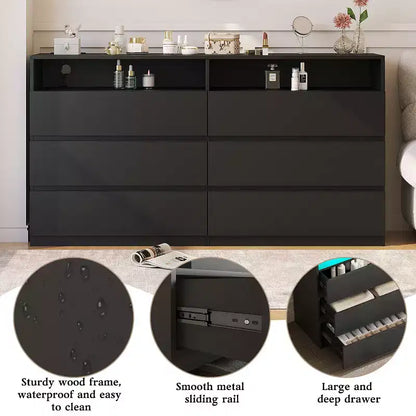 Coiffeuse moderne Dyonery à 6 tiroirs avec prises électriques et lumières LED, meuble de rangement large avec étagères ouvertes, chambre, salon