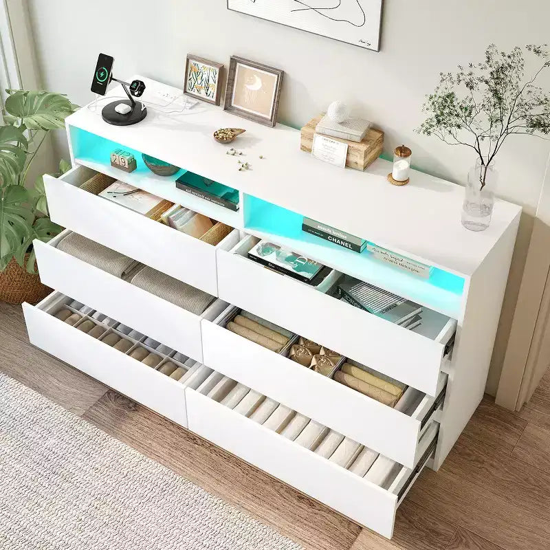 Coiffeuse moderne Dyonery à 6 tiroirs avec prises électriques et lumières LED, meuble de rangement large avec étagères ouvertes, chambre, salon
