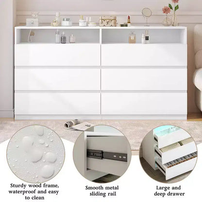 Coiffeuse moderne Dyonery à 6 tiroirs avec prises électriques et lumières LED, meuble de rangement large avec étagères ouvertes, chambre, salon