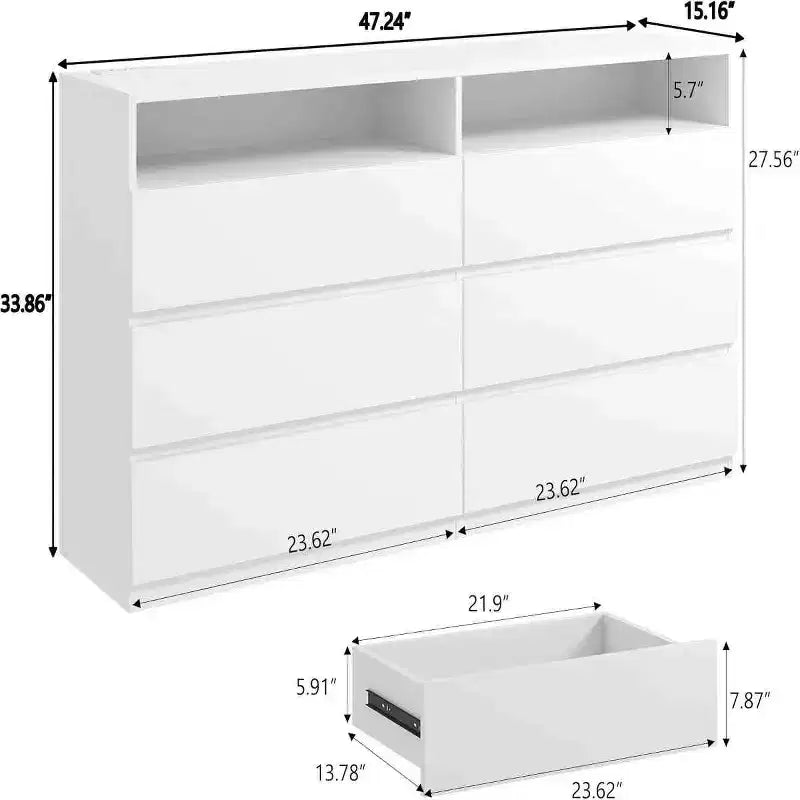 Coiffeuse moderne Dyonery à 6 tiroirs avec prises électriques et lumières LED, meuble de rangement large avec étagères ouvertes, chambre, salon