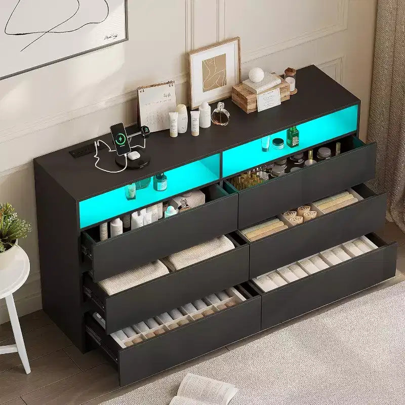 Dyonery modern 6-drawer dressing table with power sockets and LED lights, wide storage cabinet with open shelves, bedroom, living room