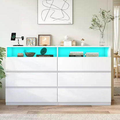 Coiffeuse moderne Dyonery à 6 tiroirs avec prises électriques et lumières LED, meuble de rangement large avec étagères ouvertes, chambre, salon