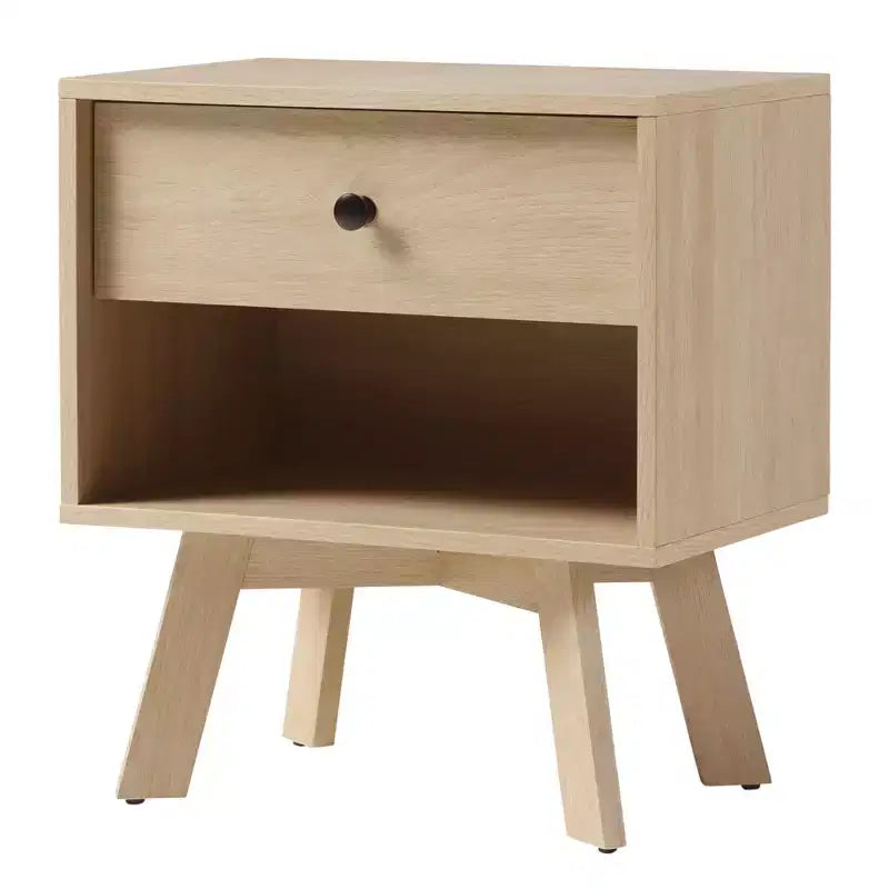 Table de chevet minimaliste avec 1 tiroir, style Mid-Century Modern, chêne Coastal