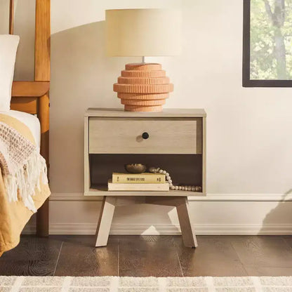 Table de chevet minimaliste avec 1 tiroir, style Mid-Century Modern, chêne Coastal
