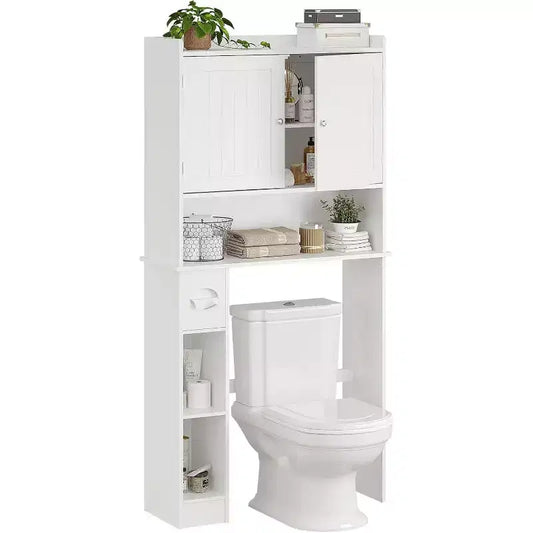 GustoWave Over The Toilet Storage Cabinet, Over Toilet Bathroom Organizer with Door & Toilet Paper Holder Stand, Space-Saving, White