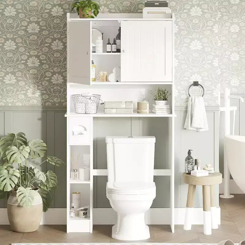 GustoWave Meuble de rangement WC au-dessus des toilettes, Organisateur de salle de bain au-dessus des toilettes avec porte et support de rouleau de papier toilette, Gain de place, Blanc