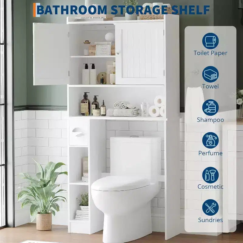 GustoWave Meuble de rangement WC au-dessus des toilettes, Organisateur de salle de bain au-dessus des toilettes avec porte et support de rouleau de papier toilette, Gain de place, Blanc
