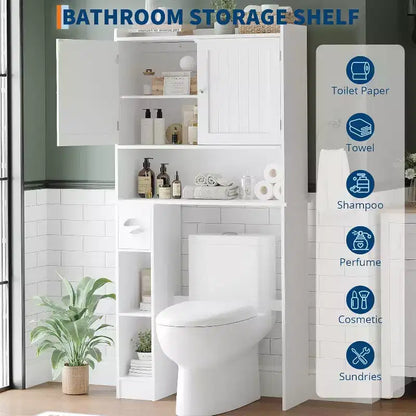 GustoWave Meuble de rangement WC au-dessus des toilettes, Organisateur de salle de bain au-dessus des toilettes avec porte et support de rouleau de papier toilette, Gain de place, Blanc