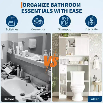 GustoWave Meuble de rangement WC au-dessus des toilettes, Organisateur de salle de bain au-dessus des toilettes avec porte et support de rouleau de papier toilette, Gain de place, Blanc