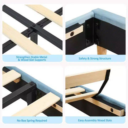 Lit enfant, cadre de lit simple rembourré avec tête de lit de rangement et sommier à lattes, rembourré en velours, adapté aux lits pour garçons et filles