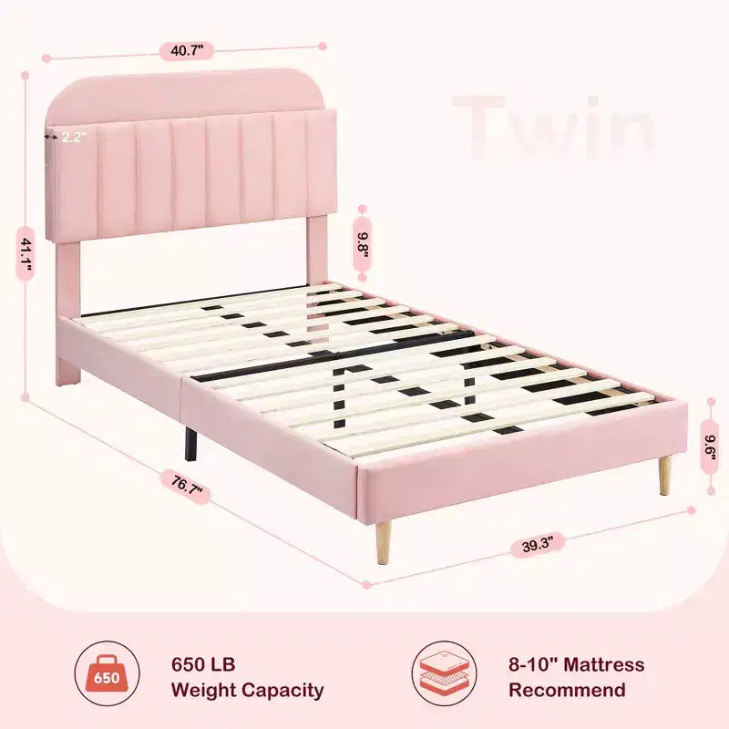 Lit enfant, cadre de lit simple rembourré avec tête de lit de rangement et sommier à lattes, rembourré en velours, adapté aux lits pour garçons et filles