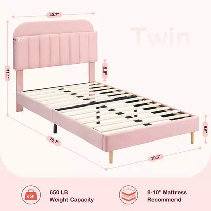 Lit enfant, cadre de lit simple rembourré avec tête de lit de rangement et sommier à lattes, rembourré en velours, adapté aux lits pour garçons et filles