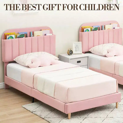 Lit enfant, cadre de lit simple rembourré avec tête de lit de rangement et sommier à lattes, rembourré en velours, adapté aux lits pour garçons et filles