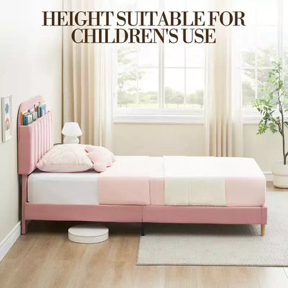 Lit enfant, cadre de lit simple rembourré avec tête de lit de rangement et sommier à lattes, rembourré en velours, adapté aux lits pour garçons et filles