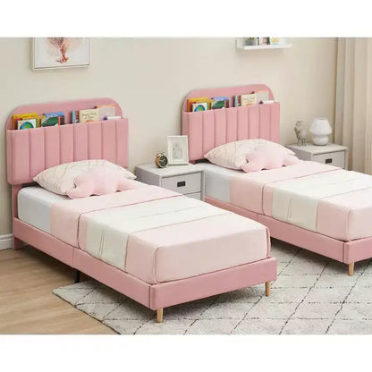 Lit enfant, cadre de lit simple rembourré avec tête de lit de rangement et sommier à lattes, rembourré en velours, adapté aux lits pour garçons et filles