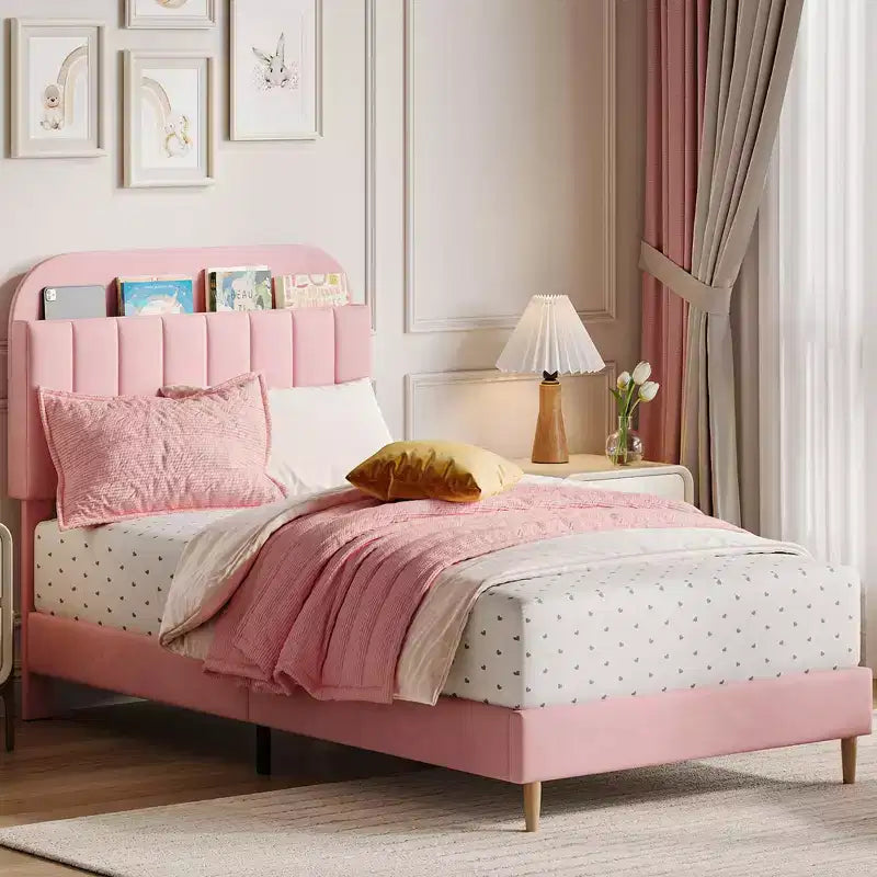 Lit enfant, cadre de lit simple rembourré avec tête de lit de rangement et sommier à lattes, rembourré en velours, adapté aux lits pour garçons et filles