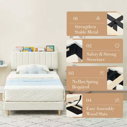 Lit enfant, cadre de lit simple rembourré avec tête de lit de rangement et sommier à lattes, rembourré en velours, adapté aux lits pour garçons et filles