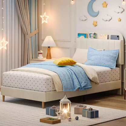 Lit enfant, cadre de lit simple rembourré avec tête de lit de rangement et sommier à lattes, rembourré en velours, adapté aux lits pour garçons et filles