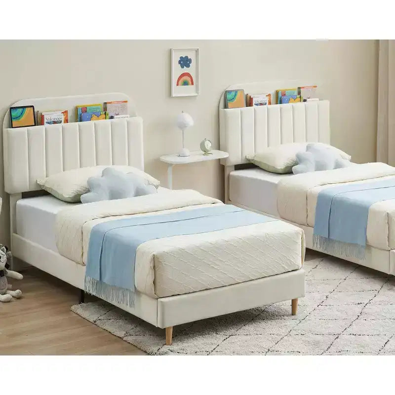 Lit enfant, cadre de lit simple rembourré avec tête de lit de rangement et sommier à lattes, rembourré en velours, adapté aux lits pour garçons et filles