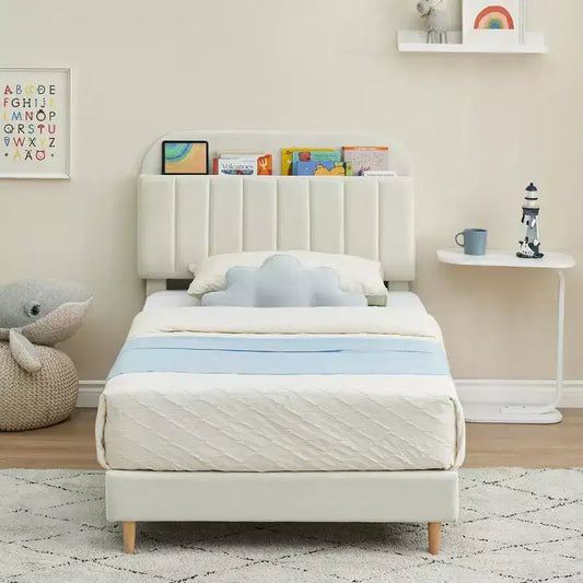 Children's bed, upholstered single bed frame with storage headboard and slatted frame, velvet upholstered, suitable for beds for boys and girls