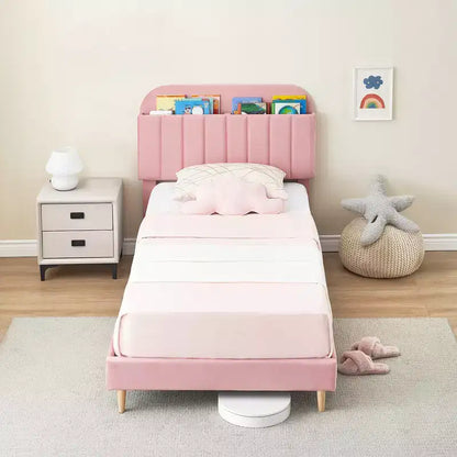 Lit enfant, cadre de lit simple rembourré avec tête de lit de rangement et sommier à lattes, rembourré en velours, adapté aux lits pour garçons et filles