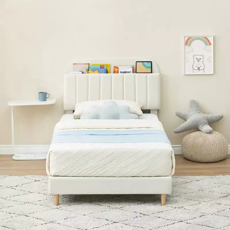 Lit enfant, cadre de lit simple rembourré avec tête de lit de rangement et sommier à lattes, rembourré en velours, adapté aux lits pour garçons et filles