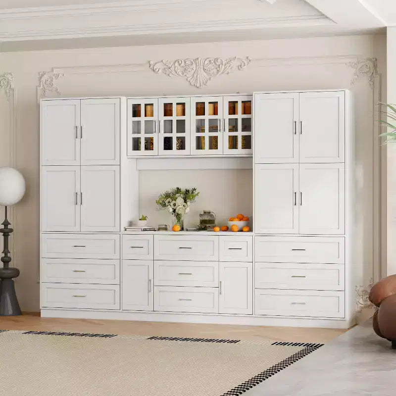 Famapy Armoire de cuisine grande capacité avec étagères réglables, plan de travail fonctionnel, tiroirs multiples, buffet de rangement pour aliments, organisation de cuisine