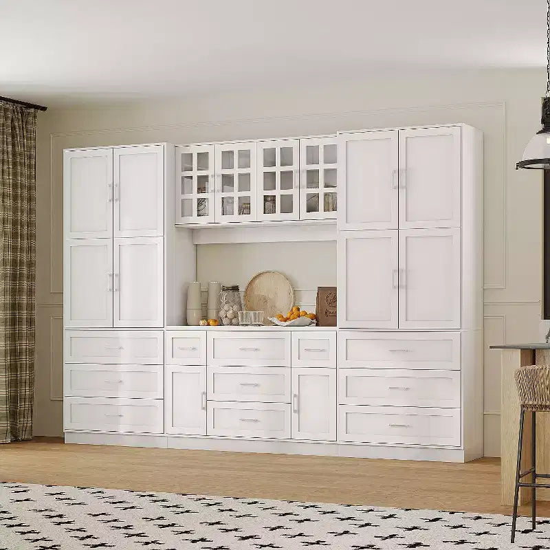Famapy Armoire de cuisine grande capacité avec étagères réglables, plan de travail fonctionnel, tiroirs multiples, buffet de rangement pour aliments, organisation de cuisine