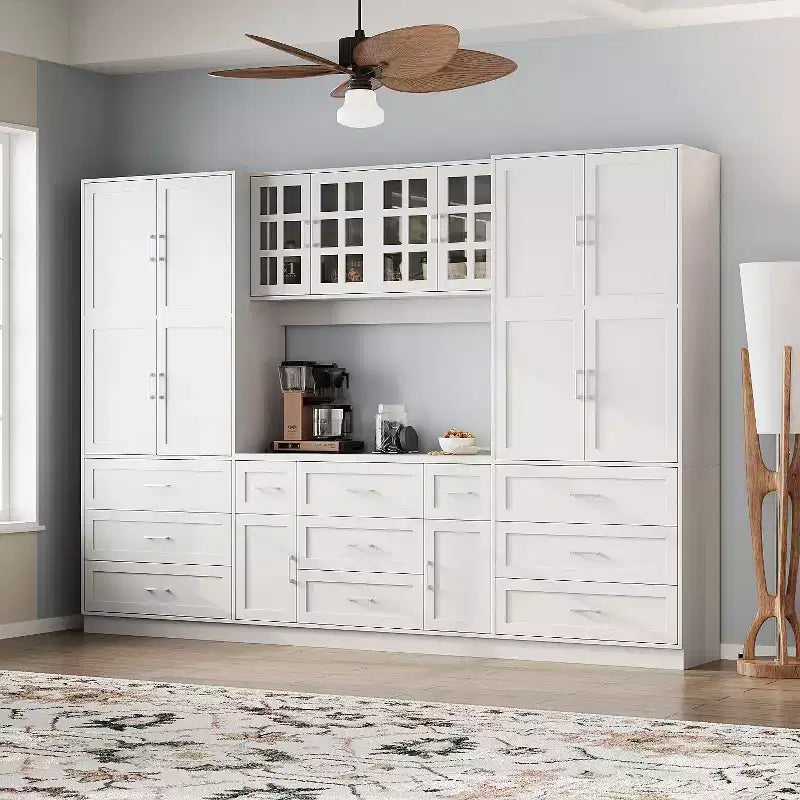 Famapy Armoire de cuisine grande capacité avec étagères réglables, plan de travail fonctionnel, tiroirs multiples, buffet de rangement pour aliments, organisation de cuisine