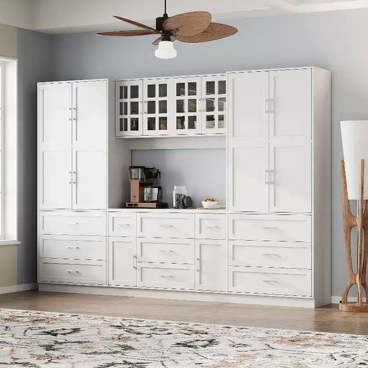Famapy Armoire de cuisine grande capacité avec étagères réglables, plan de travail fonctionnel, tiroirs multiples, buffet de rangement pour aliments, organisation de cuisine
