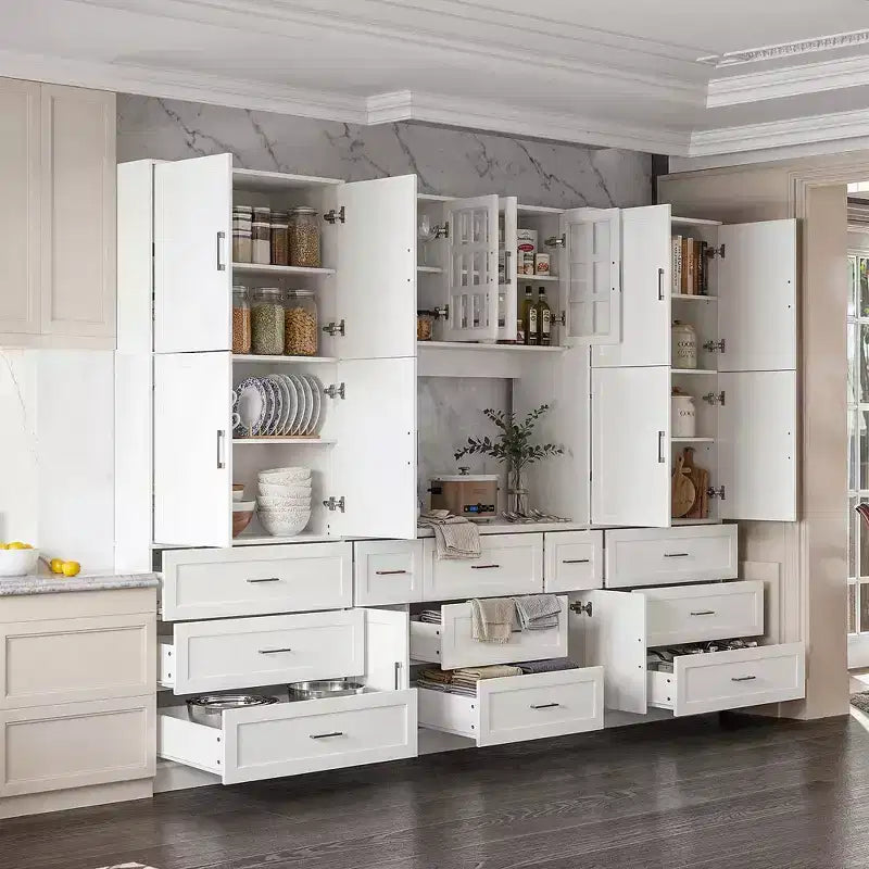 Famapy Armoire de cuisine grande capacité avec étagères réglables, plan de travail fonctionnel, tiroirs multiples, buffet de rangement pour aliments, organisation de cuisine
