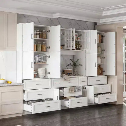 Famapy Armoire de cuisine grande capacité avec étagères réglables, plan de travail fonctionnel, tiroirs multiples, buffet de rangement pour aliments, organisation de cuisine