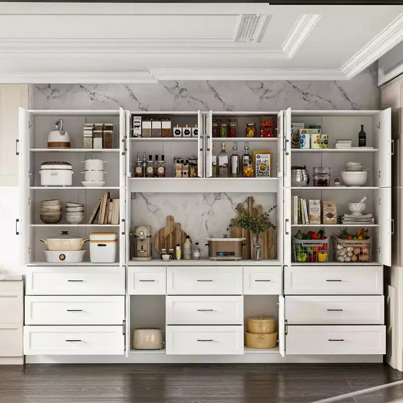 Famapy Armoire de cuisine grande capacité avec étagères réglables, plan de travail fonctionnel, tiroirs multiples, buffet de rangement pour aliments, organisation de cuisine