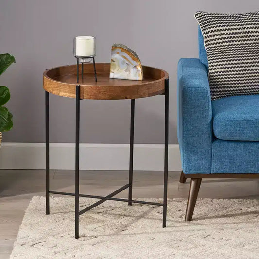 Okak Minimalism Table d'appoint ronde avec pieds renforcés en métal, Table d'appoint avec plateau en bois, Tables de service pour salon, balcon, Naturel